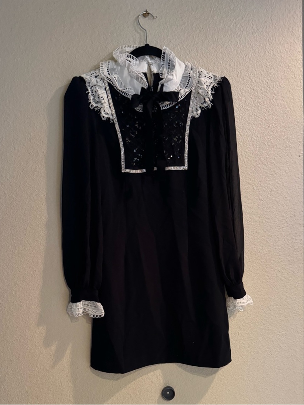 Self-Portrait Black and White Lace-Trim Dress